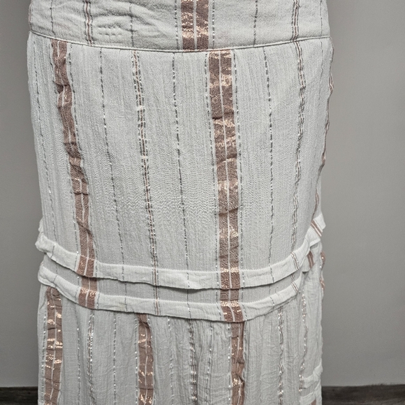 Versona White Rose Gold Stripe Tiered Flowy Boho Fringe Midi Skirt Summer - Picture 2 of 8